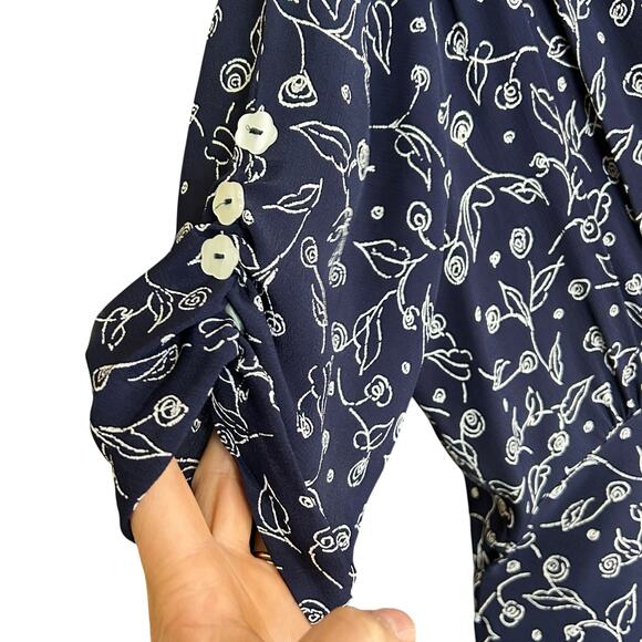 VTG Ann Taylor Laundry Navy Floral Midi Dress 90s Rayon SZ 10 USA Dark Academia - Picture 3 of 8